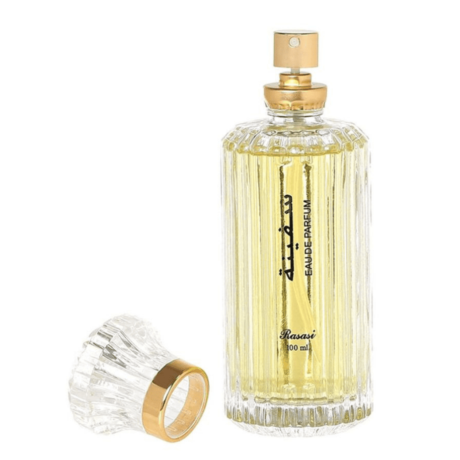 Rasasi Safina women’s 100ml EDP perfume in a velvet pouch, featuring elegant packaging and floral fragrance details.