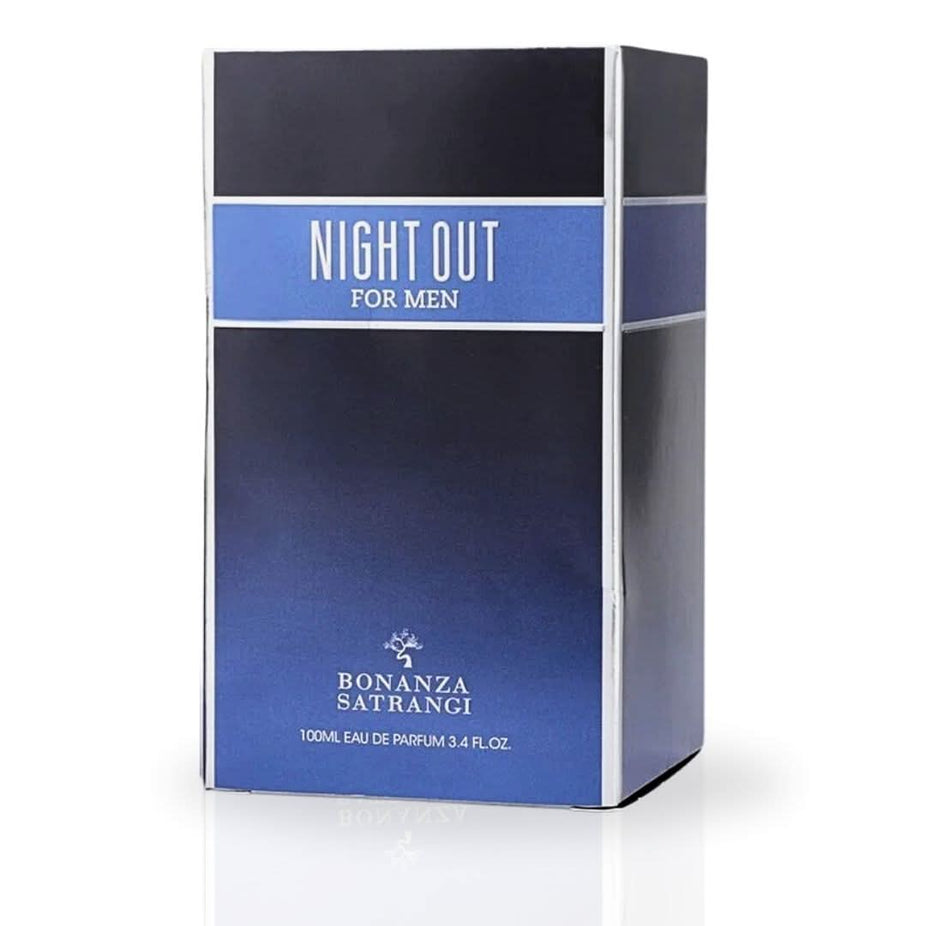 Bonanza Satrangi Night Out Men EDP Spray 100ML with sleek bottle, showcasing luxurious, long-lasting, and exotic fragrance.