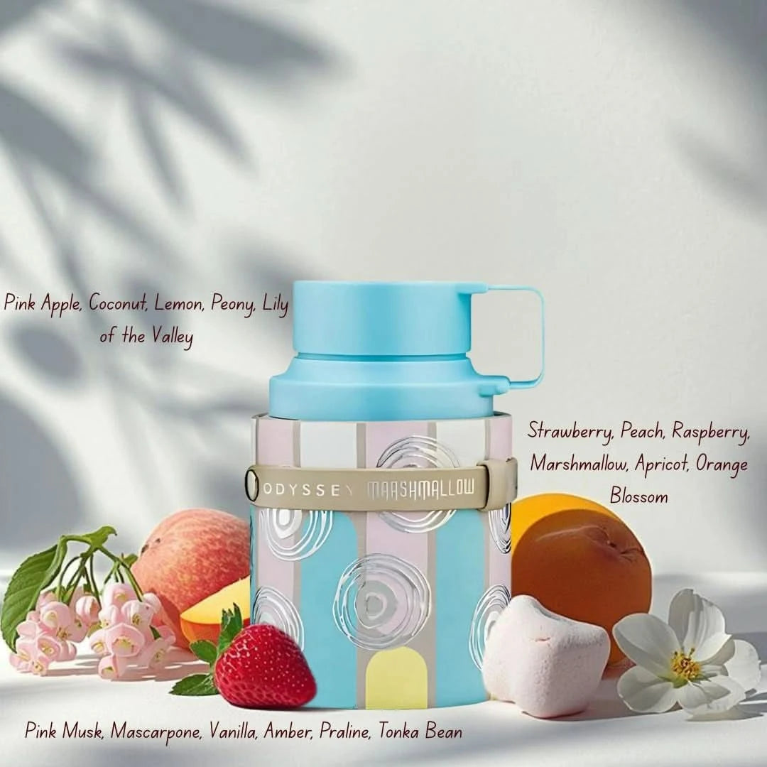 Odyssey Marshmallow, Dubai Chocolat, and Candee Eau de Parfum Spray by Armaf in a 3-piece fragrance bundle, 100ml each.