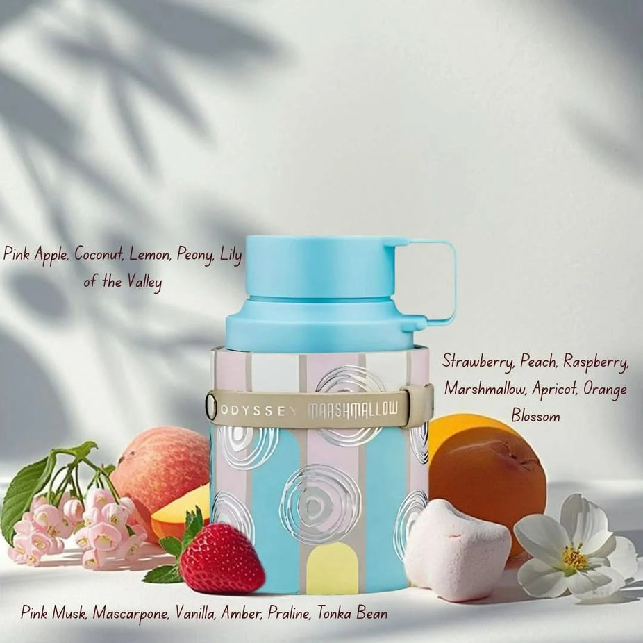 Bundle of Armaf Odyssey Marshmallow, Dubai Chocolat, and Candee Eau de Parfum sprays in 100ml bottles, featuring elegant perfume packaging.