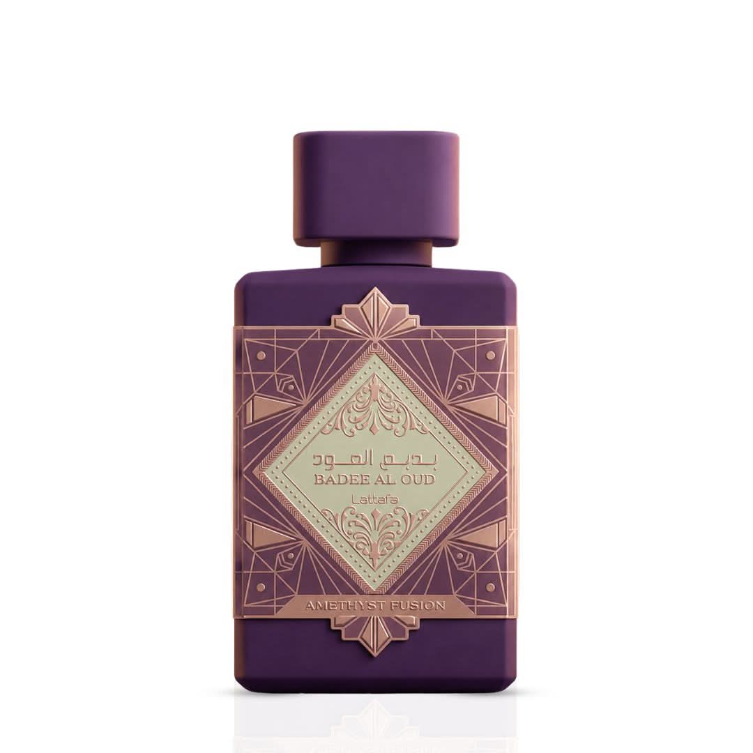 Lattafa Bade'e Al Oud Amethyst Fusion Eau de Parfum spray bottle, 100ml, with elegant purple design and gold accents.