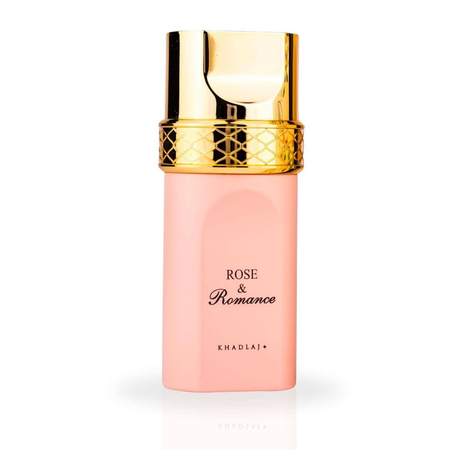 Khadlaj Rose & Romance Gold EDP Spray 100ML, floral perfume bottle with elegant gold accents and pink rose design.