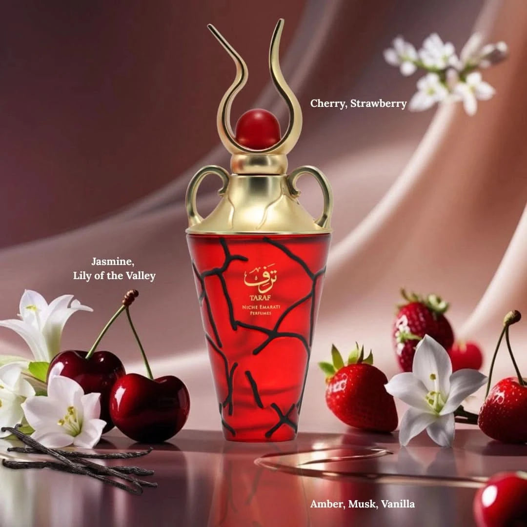 Lattafa Niche Emarati Taraf Eau De Parfum spray 100ml in a velvet pouch, showcasing the elegant bottle design.