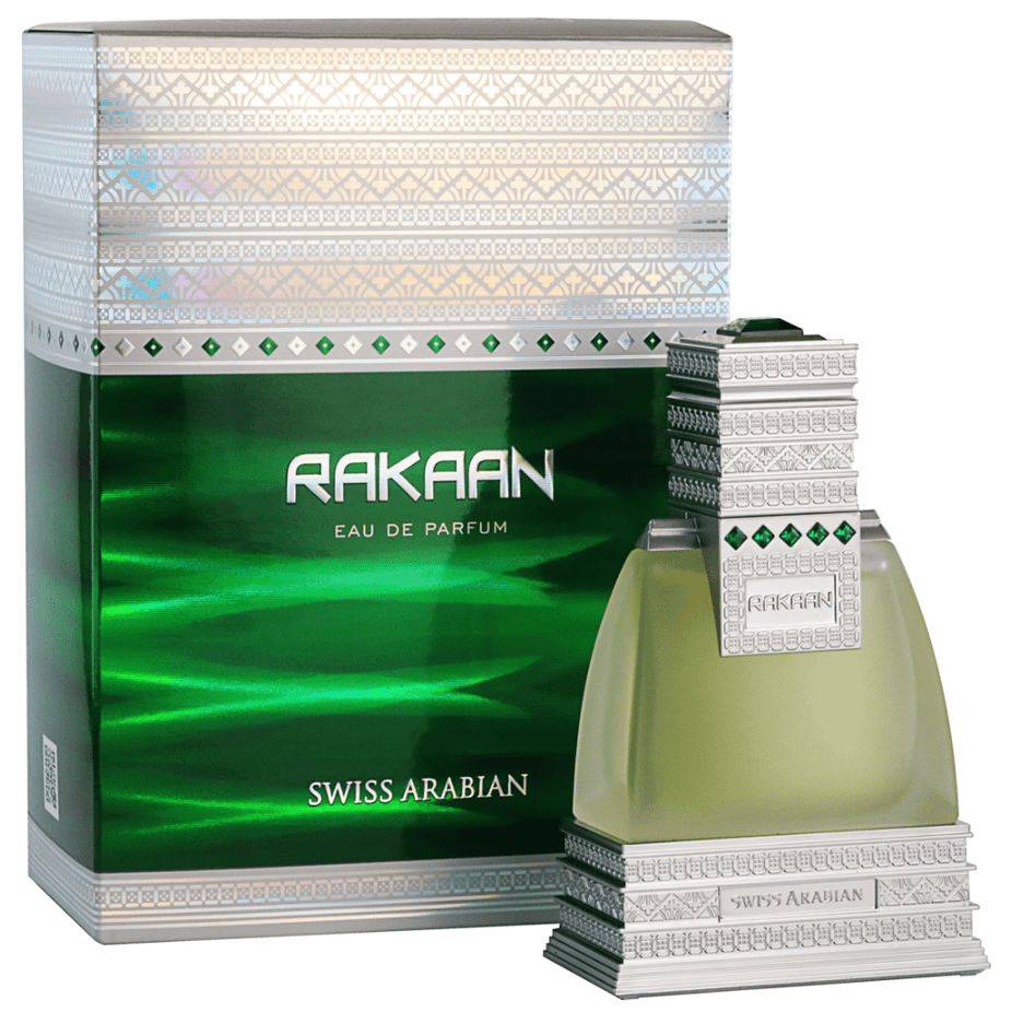 Swiss Arabian Rakaan for Men EDP 50ml bottle, featuring masculine luxury scent with elegant packaging and sleek design.