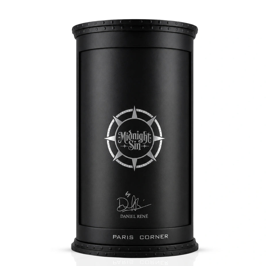 Paris Corner Midnight Sin Eau de Parfum spray bottle, 100ml, with elegant black packaging and sleek design.
