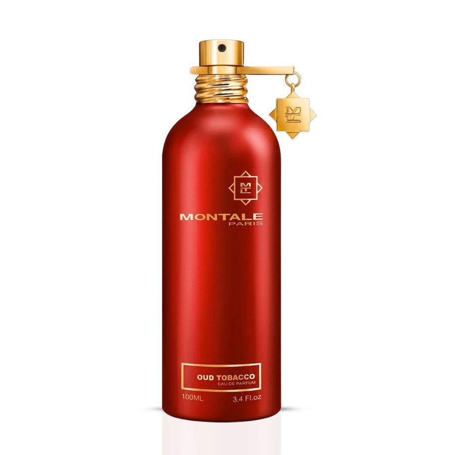 Montale Oud Tobacco Eau de Parfum spray bottle, 100ml, with dark amber liquid and sleek design.