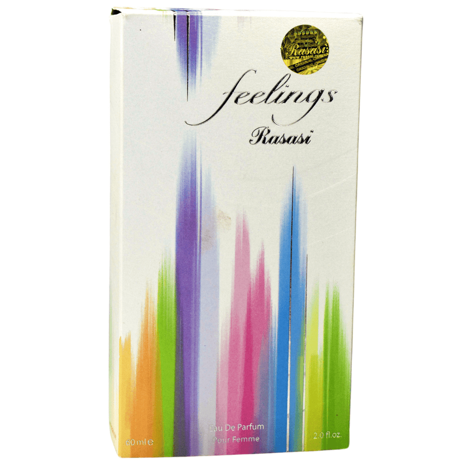 Rasasi Feelings for Women Eau De Parfum bottle, 60 ML, with elegant floral and fruity fragrance design.