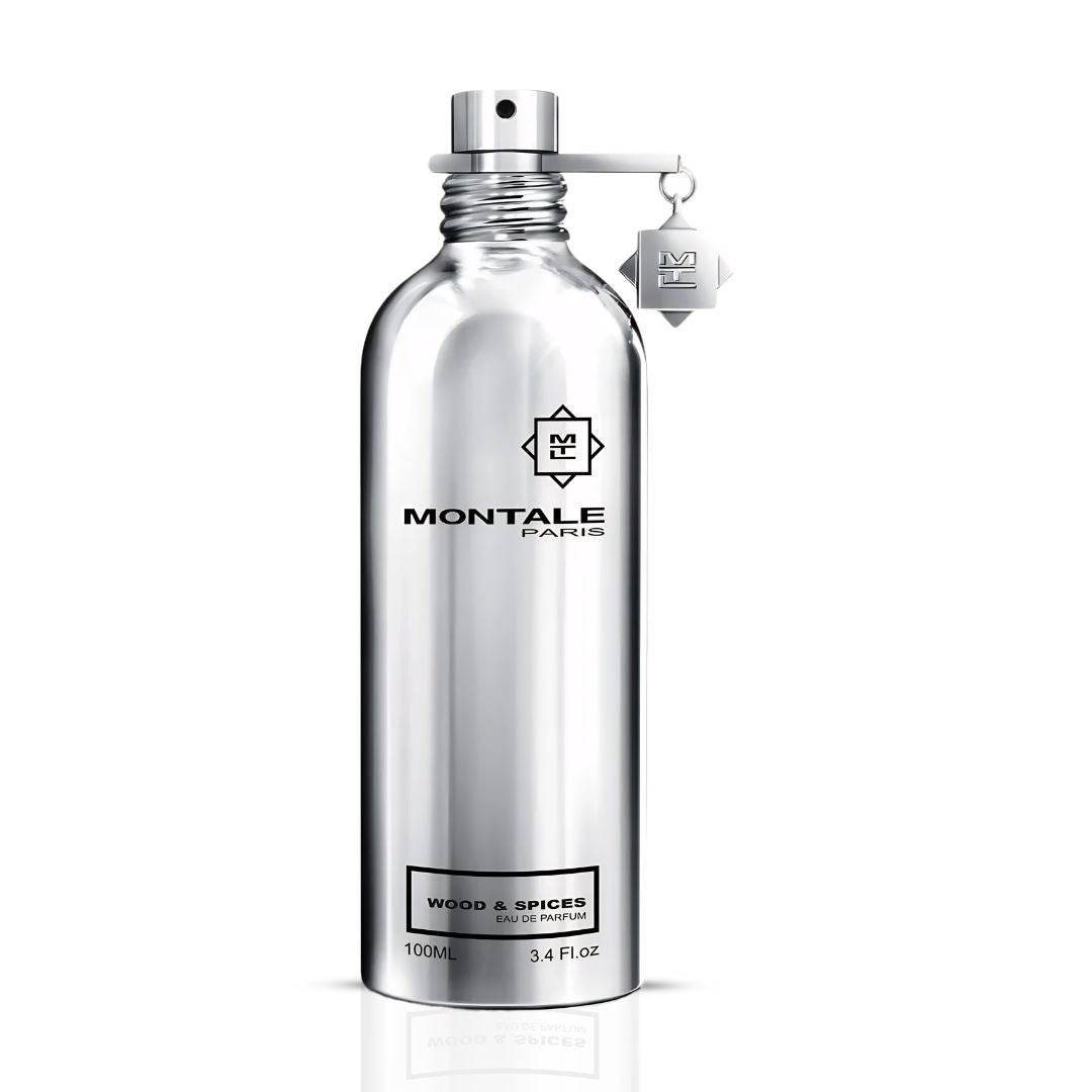 Montale Wood & Spices Eau de Parfum spray 100ml, featuring a sleek glass bottle with a black cap and warm, spicy fragrance.