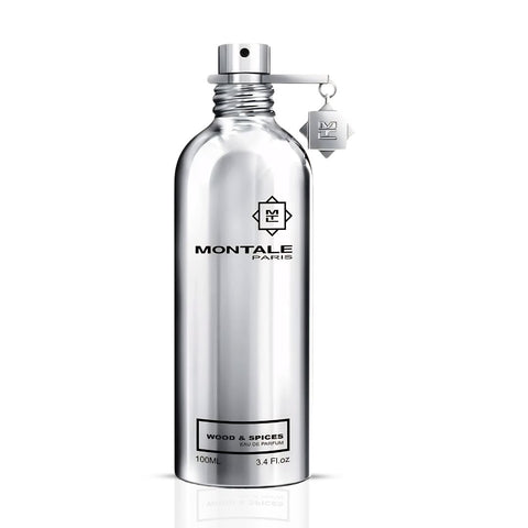 Montale Wood & Spices Eau de Parfum spray 100ml, featuring a sleek glass bottle with a black cap and warm, spicy fragrance.