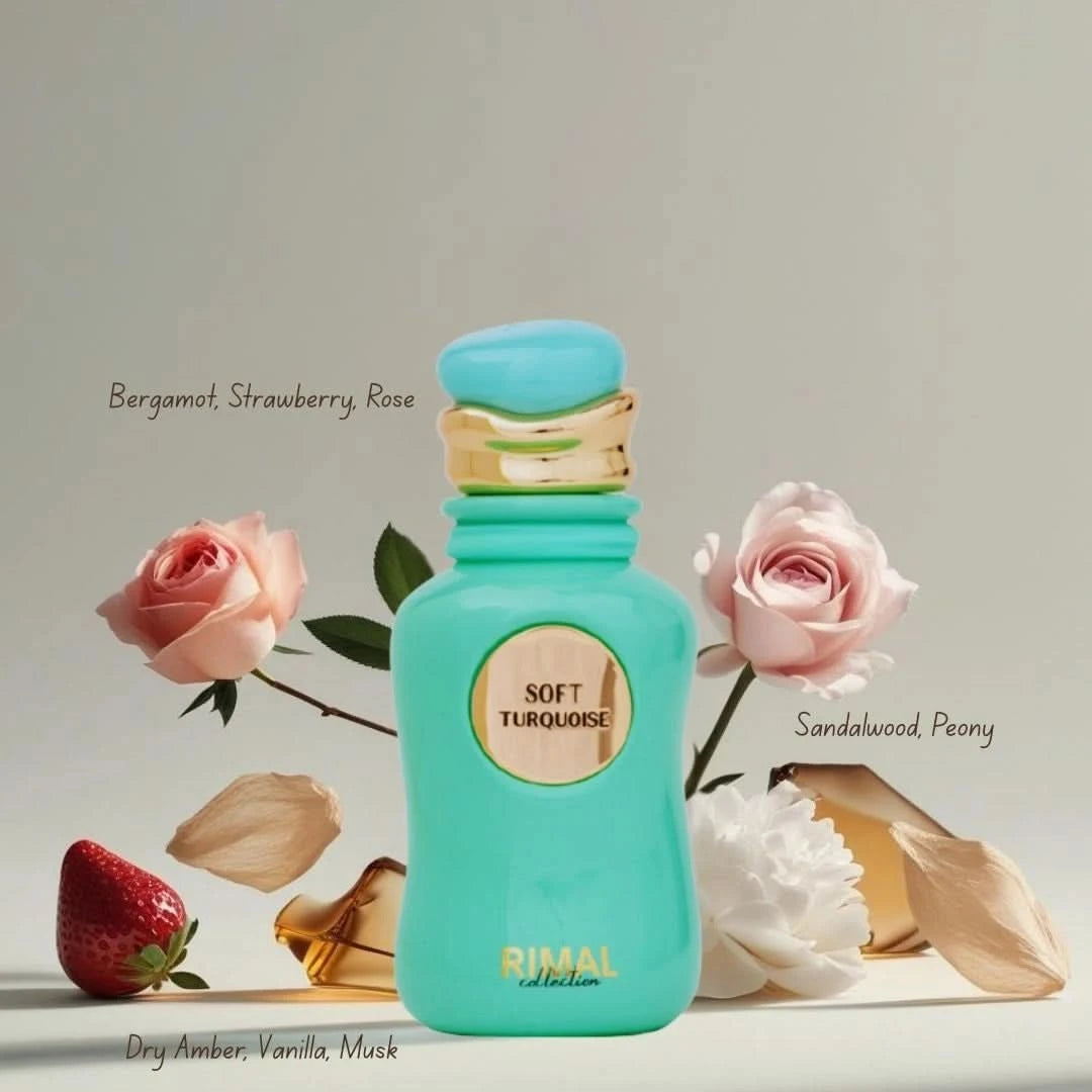 Bundle of three Rimal Collection Soft Turquoise and Light Jade Eau de Parfum sprays in 100ml bottles, featuring turquoise and jade packaging.