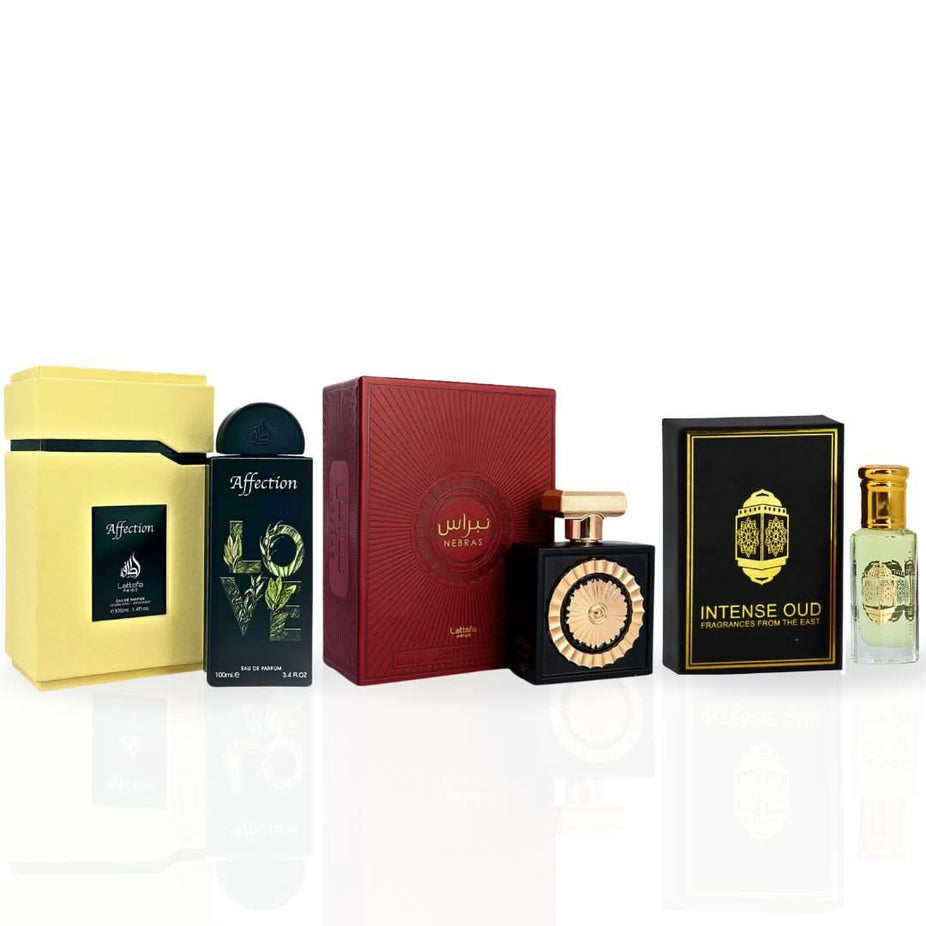 Intense Oud Nebras Affection Eau de Parfum Spray 100ml and Lady Mile Perfume Oil 12ml in a magnetic gift box.