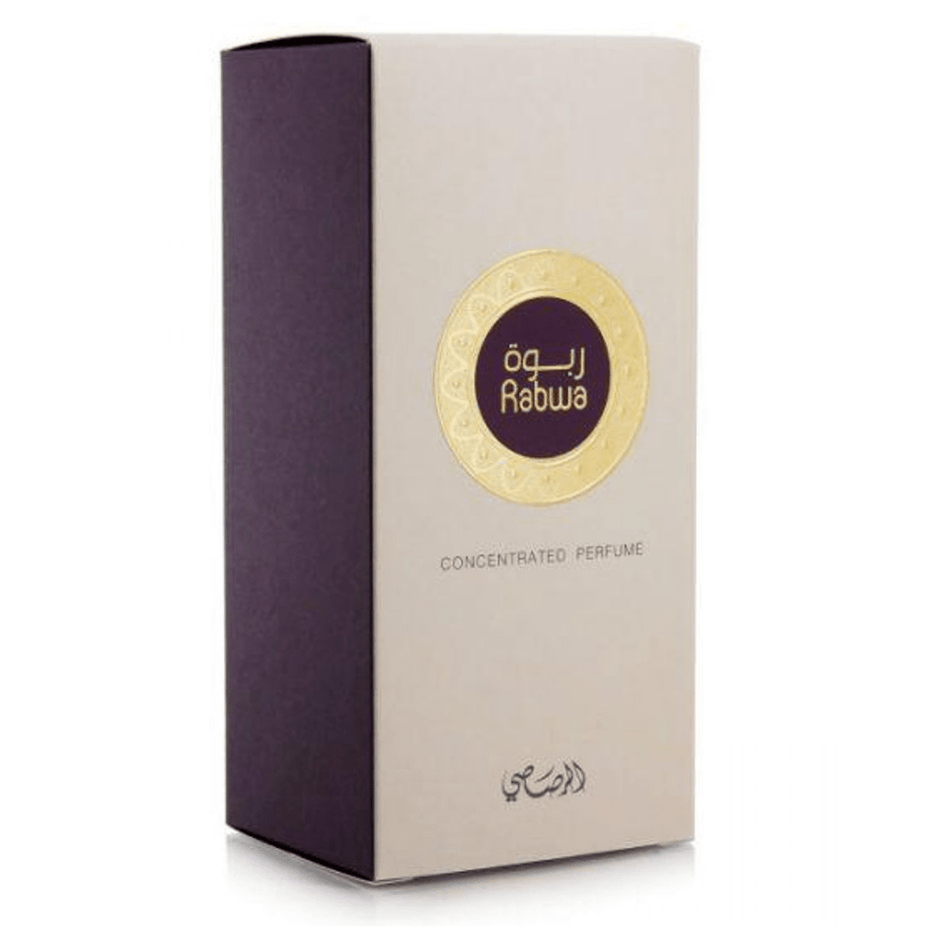 Rabwa Rasasi concentrated perfume oil in 19ml bottle, featuring elegant packaging and branding of Rasasi perfume oil.