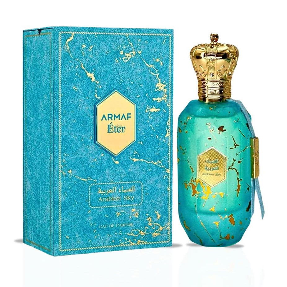 Armaf Eter Arabian Sky & Desert Flower Eau de Parfum bundle with two 100ml spray bottles featuring floral and sky-inspired designs.