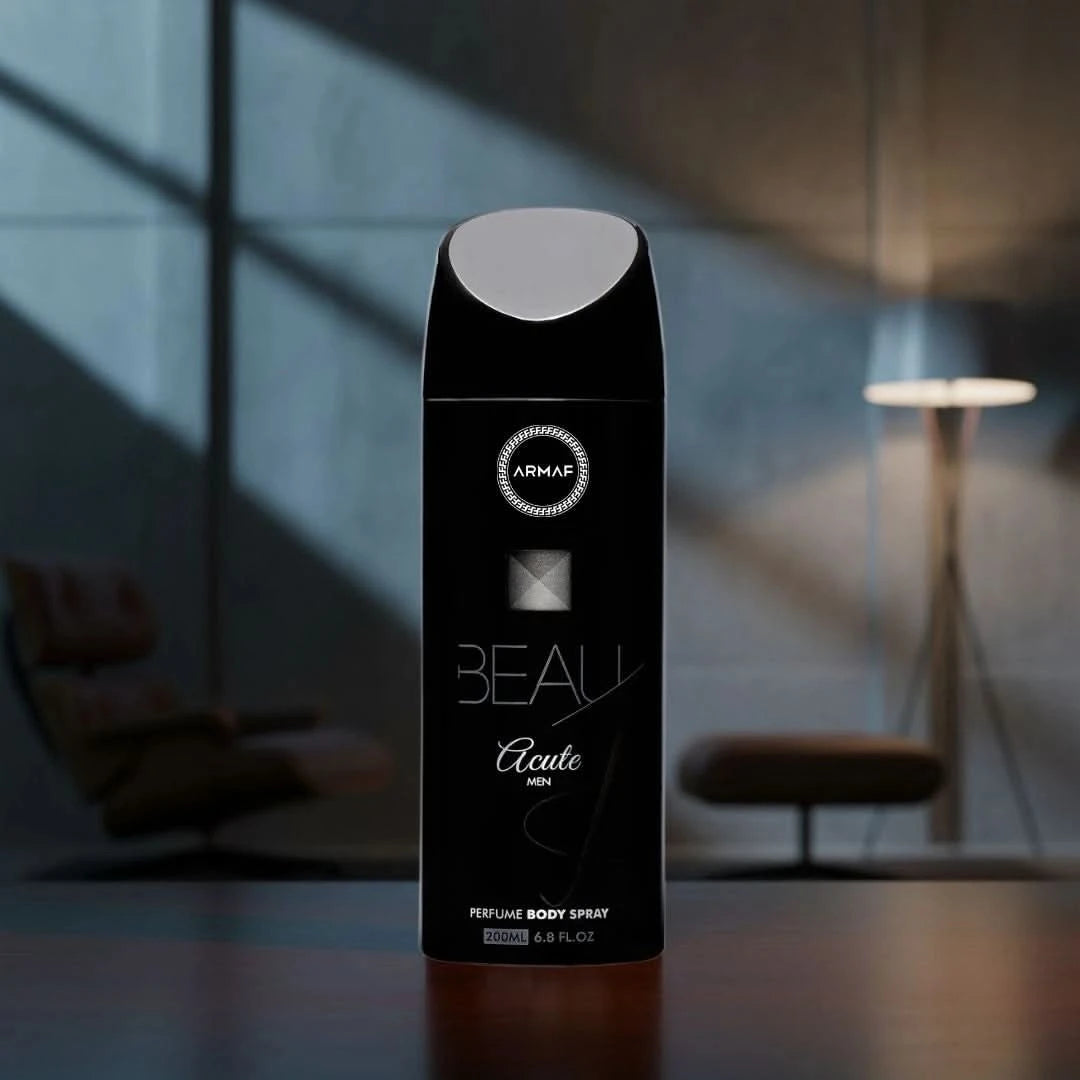 Armaf Beau Acute deodorant spray 200ml bottle with sleek design, suitable for men, displayed on a neutral background.
