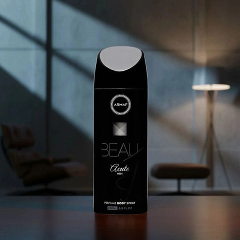 Armaf Beau Acute deodorant spray 200ml bottle with sleek design, suitable for men, displayed on a neutral background.