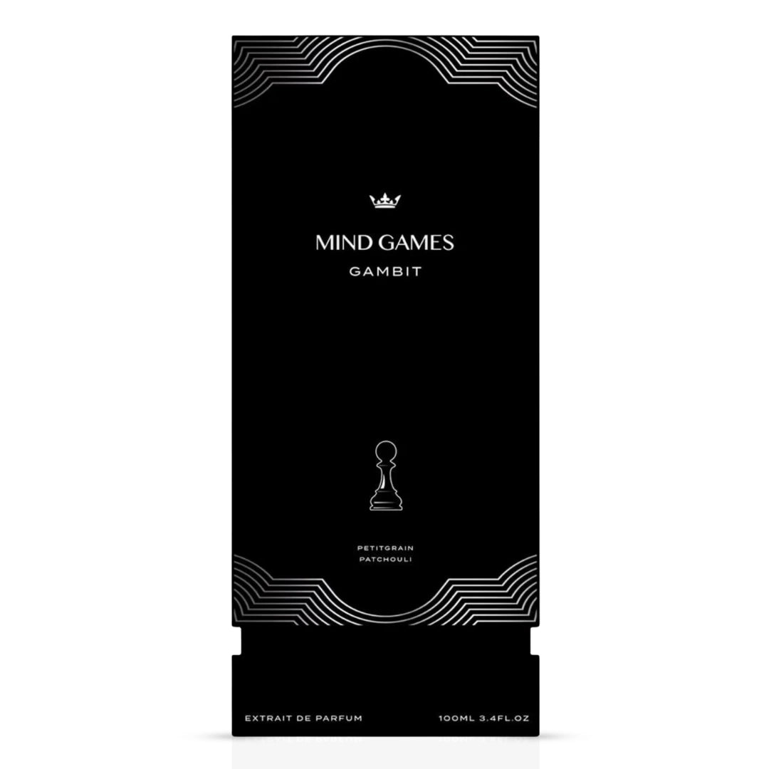 Gambit Extrait de Parfum 100ml by Mind Games, elegant black bottle of EDP extrait de parfum with gold accents.