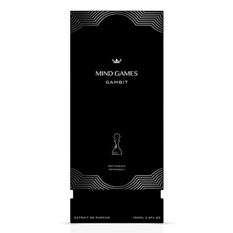 Gambit Extrait de Parfum 100ml by Mind Games, elegant black bottle of EDP extrait de parfum with gold accents.