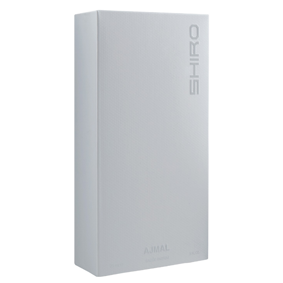Ajmal Shiro for Men Eau De Parfum 90ml bottle, sleek glass container with silver cap, showcasing the fragrance design.