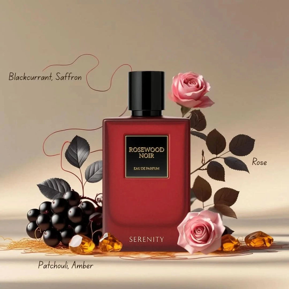 Serenity Rosewood Noir & Woods Chill Eau de Parfum bundle with three 50ml spray bottles featuring elegant packaging.