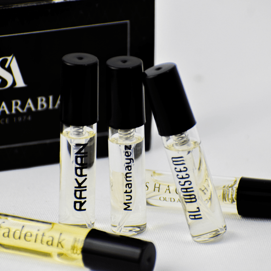 5 SA Sample Packet - Fadeitak, Rakaan, Mutamayez, Al Waseem, Shaghaf Oud Abyad - Intense oud