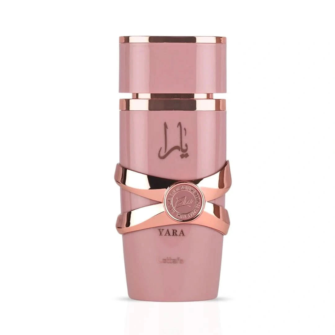 Lattafa Yara Elixir Eau De Parfum spray 100ml with velvet pouch, featuring elegant bottle design and floral fragrance details.