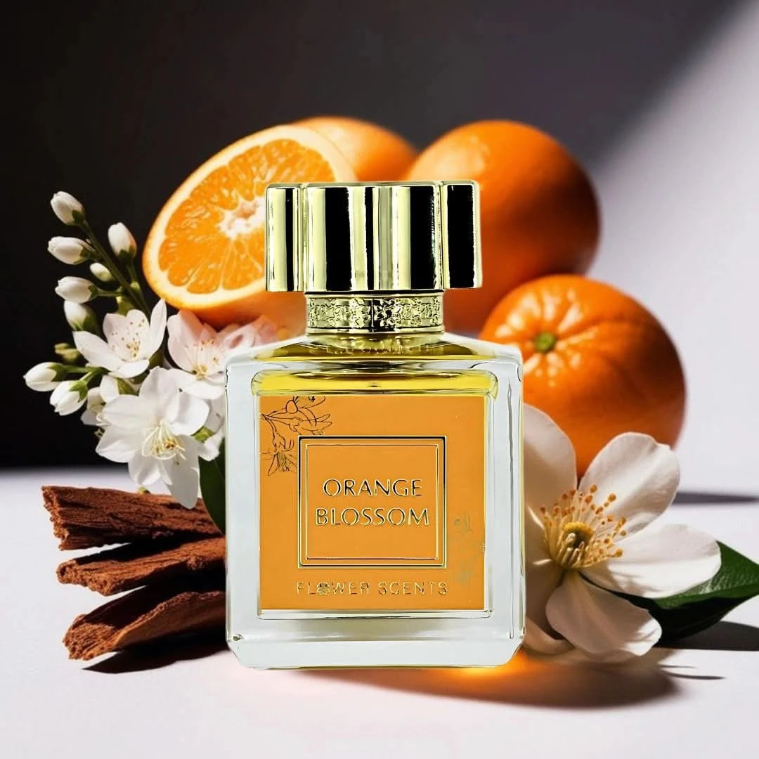Flower Scents Orange Blossom Eau de Parfum spray in a 65ml bottle with a velvet pouch, featuring a bright orange blossom design.