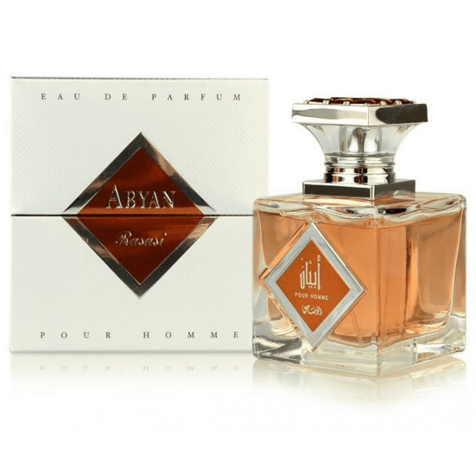 Abyan EDP perfume bundle by Rasasi, featuring 100ml bottles for men and women, with elegant packaging and fragrance bottles.