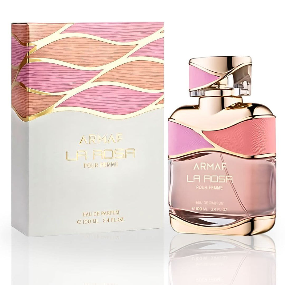 Armaf La Rosa Pour Femme Eau De Parfum spray bottle showing elegant packaging and floral design, 100ml, long-lasting feminine scent.