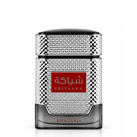 Shiyaaka Silver Eau de Parfum Spray 100ml by Khadlaj in a silver fragrance bottle