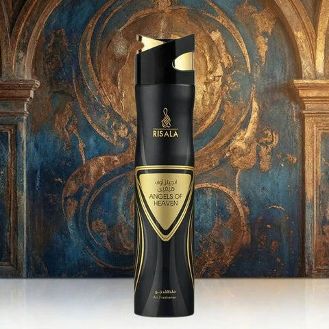 RISALA Angels of Heaven air freshener 300ml bottle with floral design, freshening and aromatic scent inside the container.