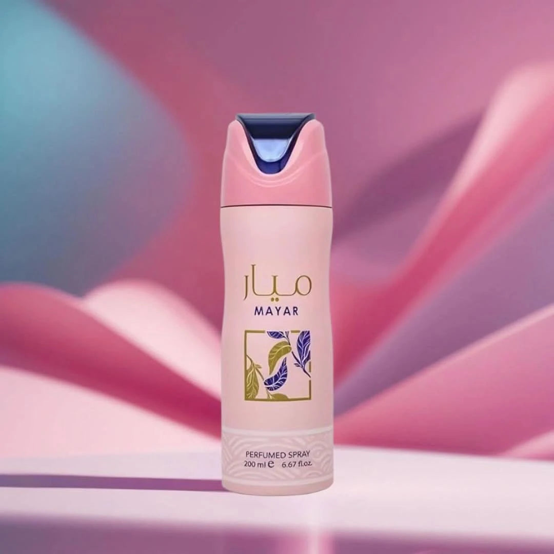 Lattafa Mayar Deodorant Spray 200ml with sleek bottle design, providing fresh, long-lasting fragrance and odor protection.