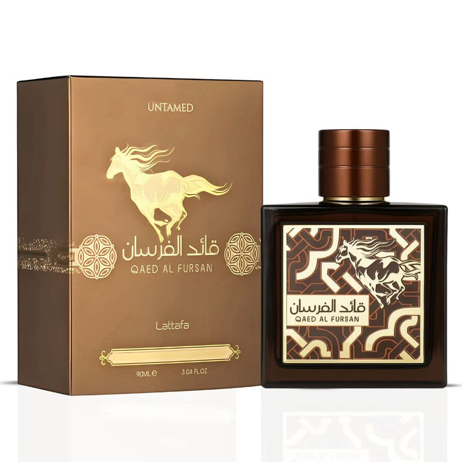 Lattafa Khamrah Dukhan 100ml and Qaed Al Fursan Untamed 90ml Eau de Parfum sprays in a bundle, featuring sleek bottles and elegant packaging.
