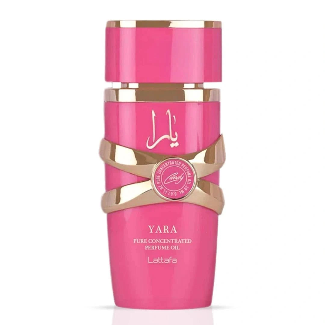 Lattafa Yara Candy Concentrated Perfume Oil 20ml in a velvet pouch, showcasing the luxurious perfume bottle and packaging.