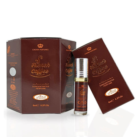 French Coffee Perfume Oil 6ml by Al Rehab in a box of 6, showing six small glass bottles with black caps.