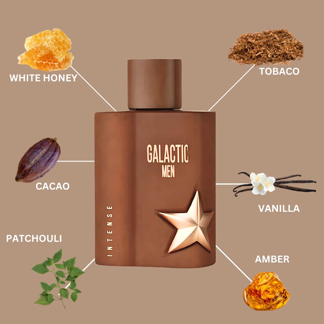 Galactic Men Intense Eau De Parfum Spray 100ML (3.4 OZ) by Maison Alhambra | A Cozy, Sweet & Smoky Blend with Rich Vanilla, Cacao & Resinous Warmth. - Intense Oud