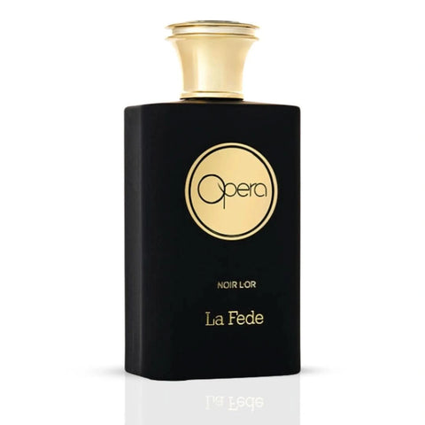 Khadlaj La Fede Opera Noir L'Or Eau de Parfum spray bottle, 100ml, featuring elegant black design and luxurious perfume packaging.