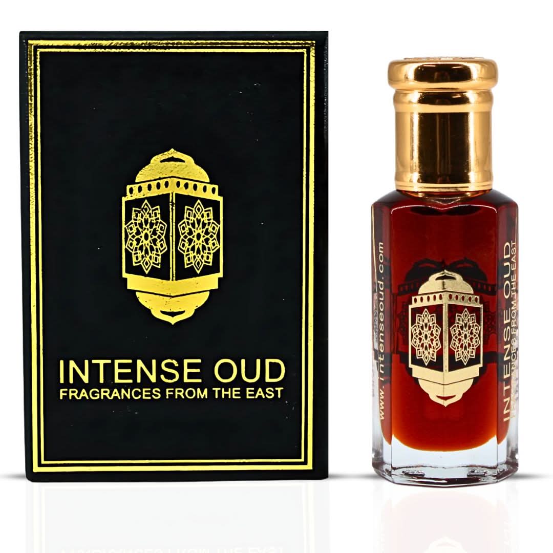 Intense Oud perfume bundle featuring Saheb Eau de Parfum Spray 70ml and Mukhallat Al Zafran perfume oil 12ml.