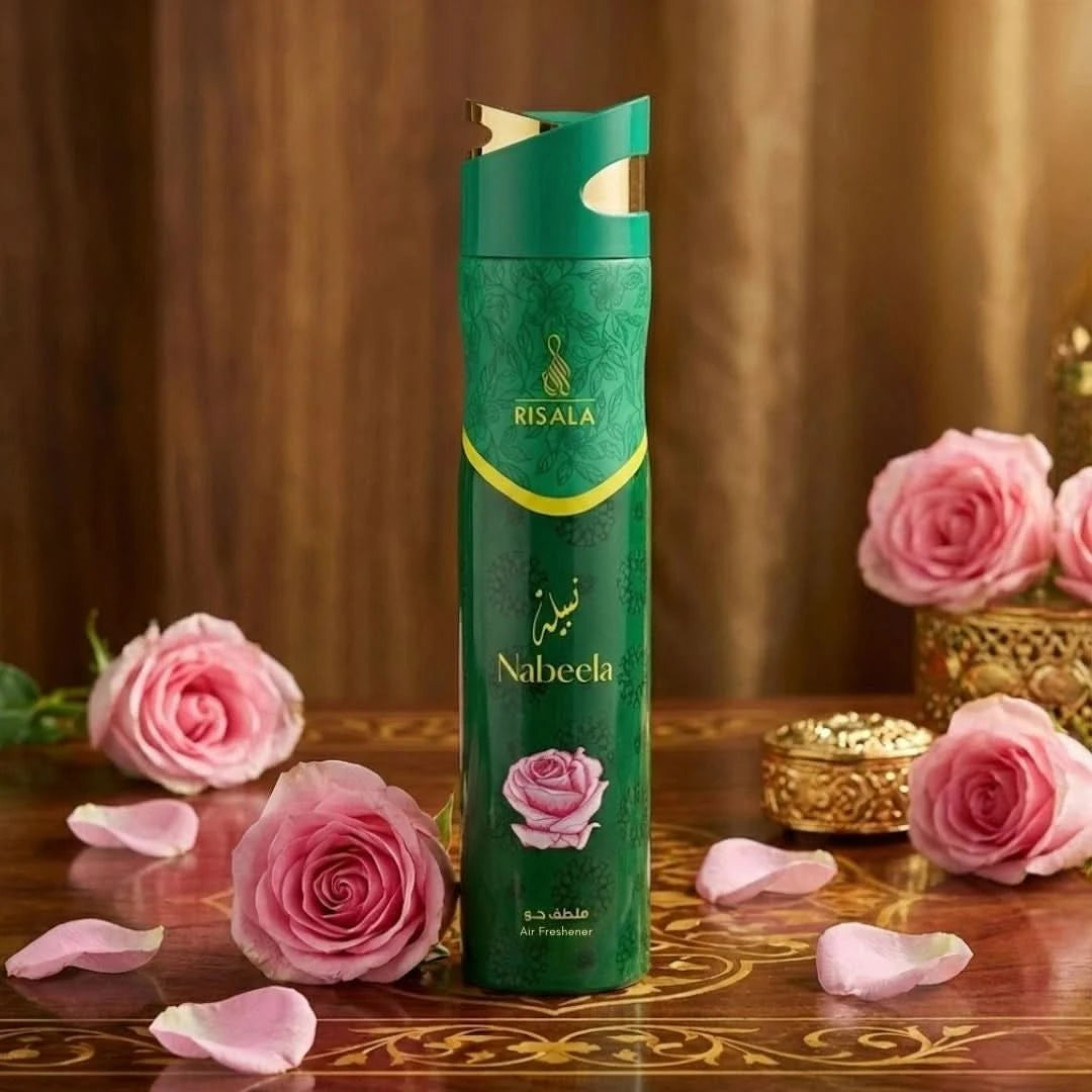 RISALA Nabeela Air Freshener 300ml bottle with a sleek design and fresh scent label, ideal for home or car use.