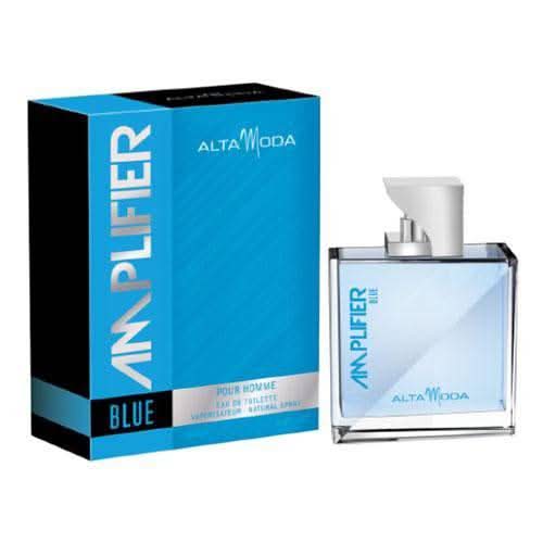 Blue Alta Moda Amplifier EDT 100ml bottle with velvet pouch, showcasing the elegant packaging and product design.