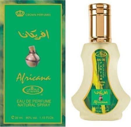 Africana EDP by Al Rehab, 35ml Eau De Parfum bottle with elegant design, showcasing the fragrance container and branding.