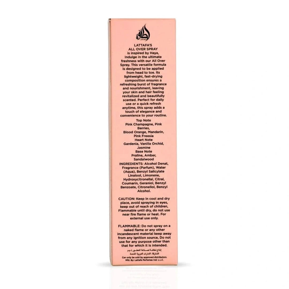 Lattafa Haya All Over Spray 150ml featuring a sleek bottle, designed for versatile use and fresh fragrance.