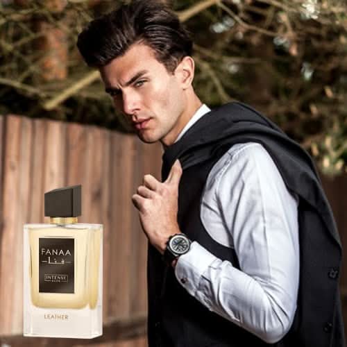 Intense Elite FANAA Leather EDP for Men in a 100ml bottle with a magnetic gift box, showcasing the elegant perfume packaging.