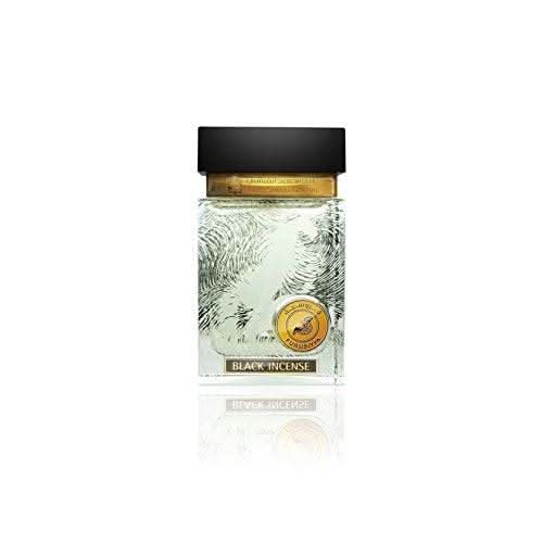 Black Incense EDP by Abdul Samad Al Qurashi in 80ml bottle, elegant fragrance bottle with black accents and floral design.