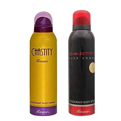 Rasasi Chastity deodorant combo featuring two sleek spray bottles with black caps and modern branding.