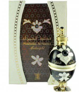 Arabian Oud Mukhallat Al Hamra Midnight perfume oil for women, 12ml, in a dark glass bottle with elegant gold accents.