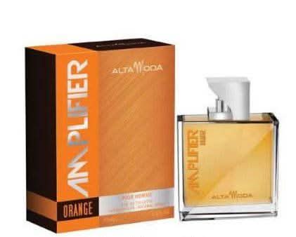 Alta Moda Orange Amplifier EDT 100ml in a velvet pouch, featuring a sleek bottle with vibrant orange accents and elegant packaging.
