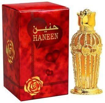 Al Haramain Haneen Perfume Oil 25ml, concentrated perfume oil in a sleek glass bottle with a gold cap.