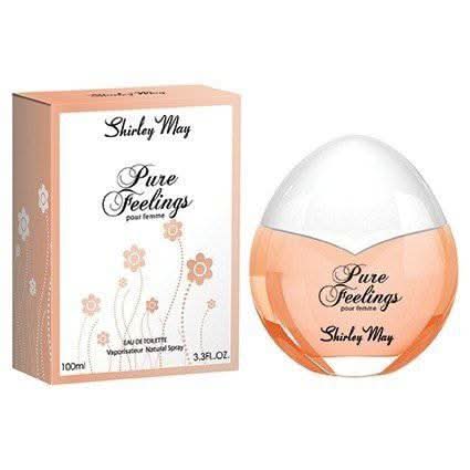 Pure Feelings Women EDT 100ml perfume bottle by Shirley May with a matching pouch, showcasing the elegant glass bottle and packaging.