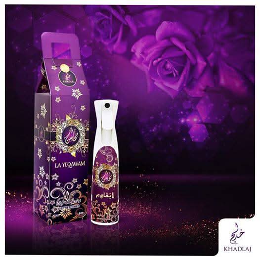 Khadlaj La Yuqawam air freshener bottle with 320ml capacity, featuring elegant design and fresh scent for home or car use.