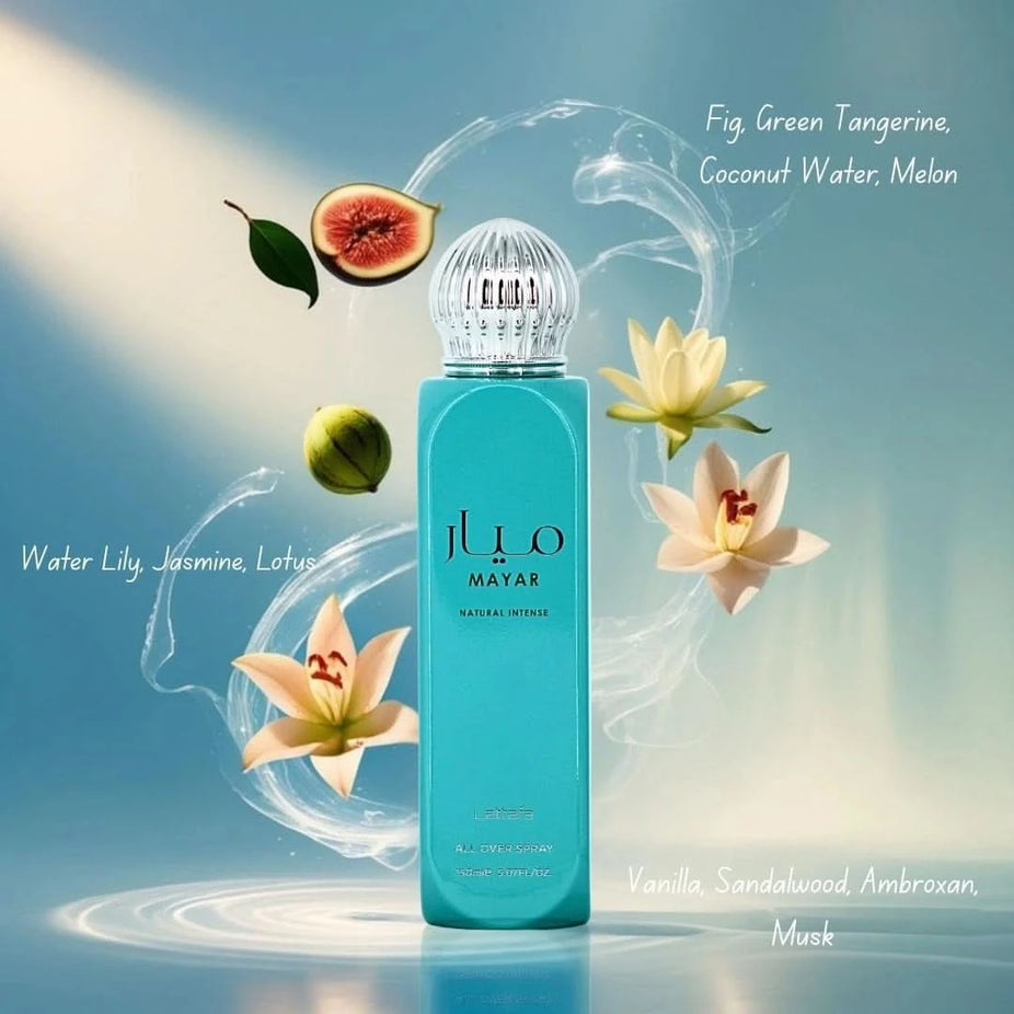 Mayar Natural Intense All Over Spray by Lattafa, 150ml, featuring a sleek bottle and spray nozzle for full-body fragrance application.